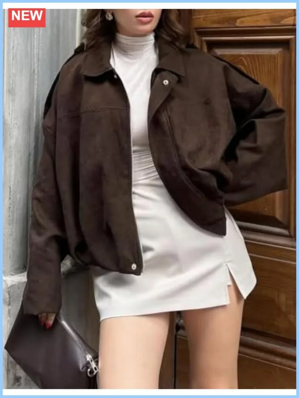 Faux Suede Oversized Cropped Bomber Jacket Women Batwing Streetwear